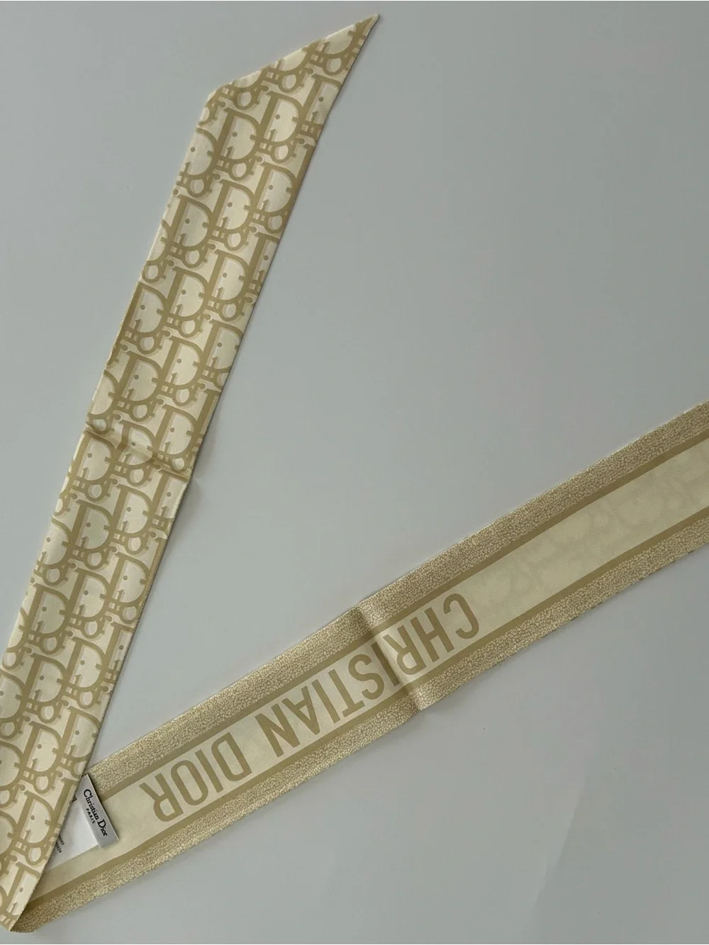 Christian Dior Beige Oblique Mitzah Twilly Scarf Monogram Logo Ribbon Wrap